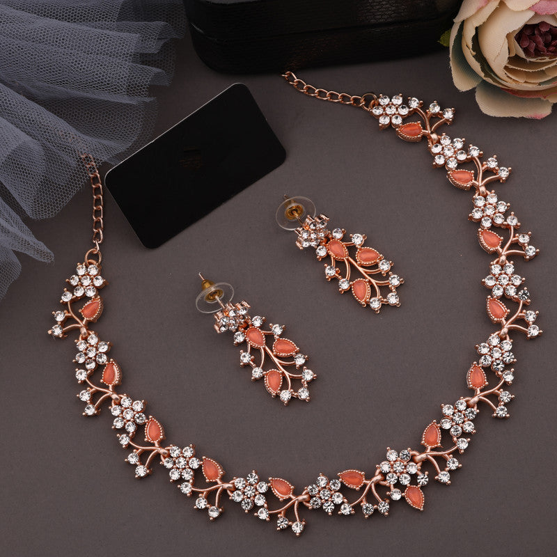 Tehzeeb Creations Rose Gold Pleated White Diamond With Orange Beads Necklace Set | Grocsy