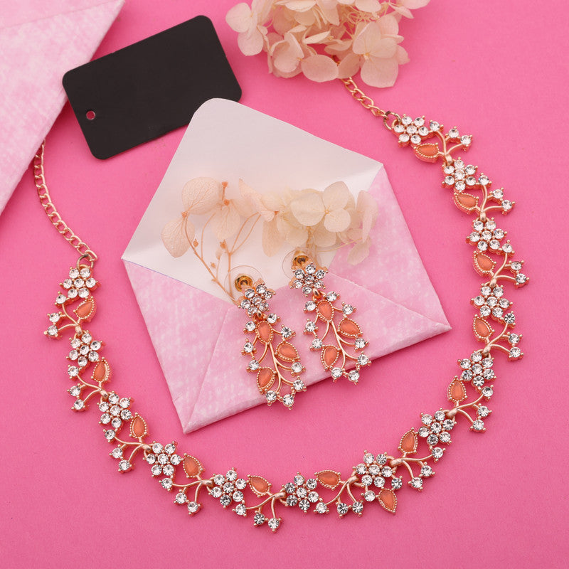 Tehzeeb Creations Rose Gold Pleated White Diamond With Orange Beads Necklace Set | Grocsy