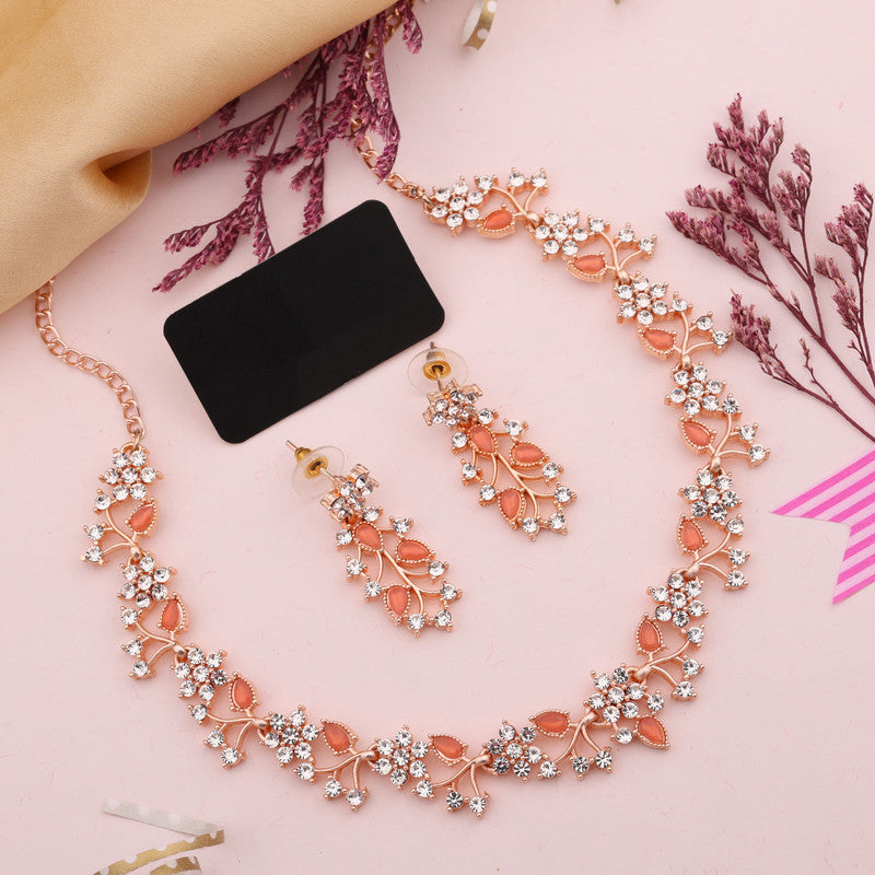 Tehzeeb Creations Rose Gold Pleated White Diamond With Orange Beads Necklace Set | Grocsy