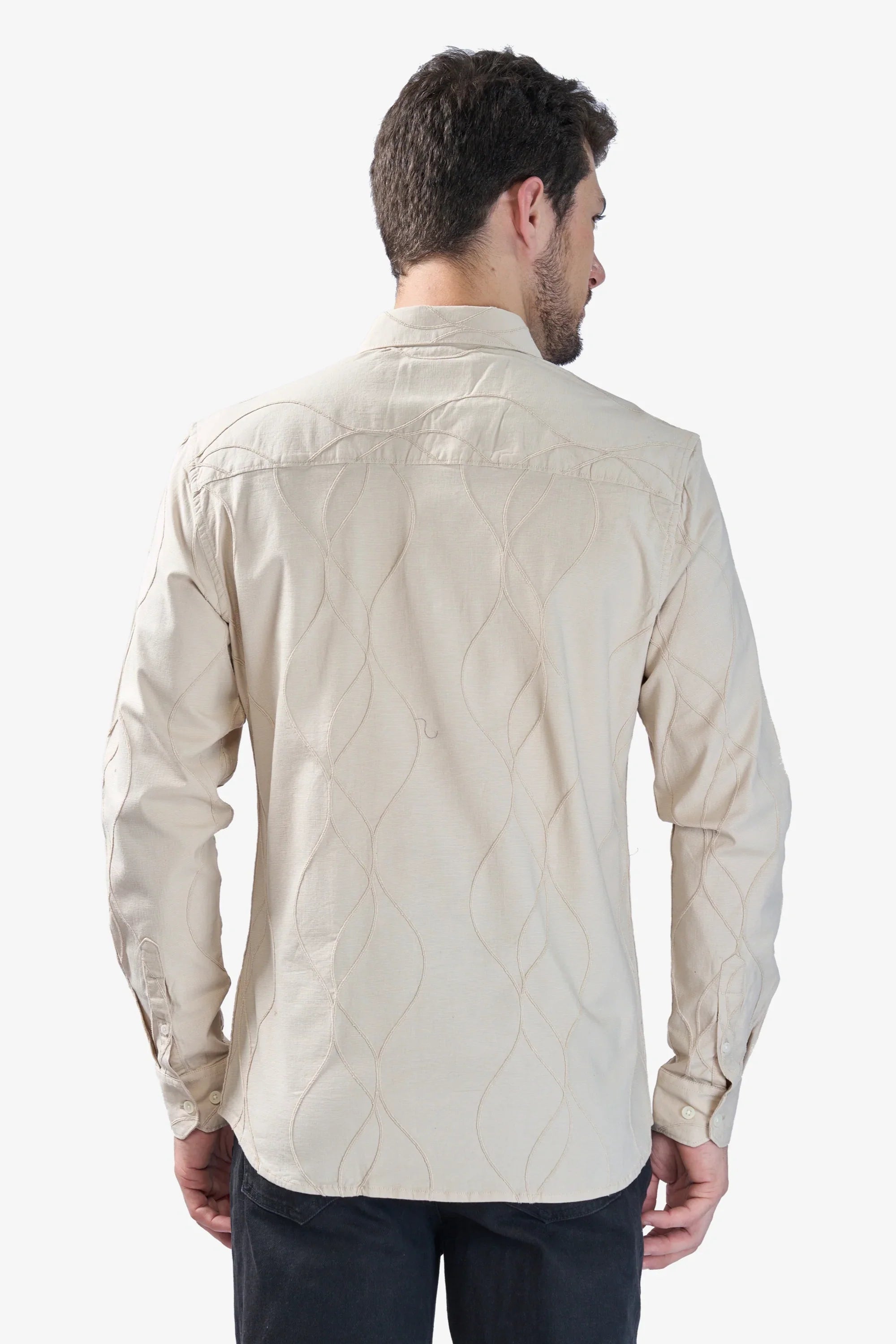 Xkind Beige Embroidery Full Sleeve Slim Fit Shirt | Grocsy