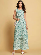 Sangria Green Floral Printed Sleeveless Straight Linen Kurta & Palazzo | Grocsy