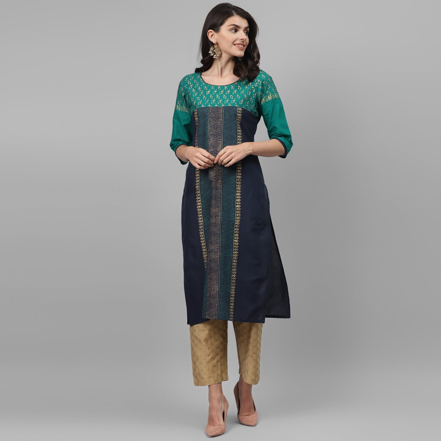 Maai Rayon Hand Printed Kurta Blue | Grocsy
