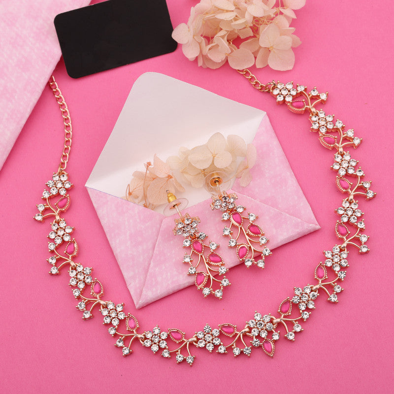 Tehzeeb Creations Rose Gold Pleated White Diamond With Pink Beads Necklace Set | Grocsy