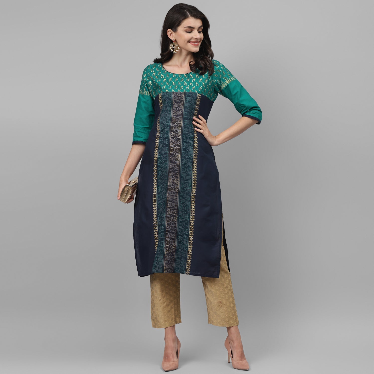 Maai Rayon Hand Printed Kurta Blue | Grocsy