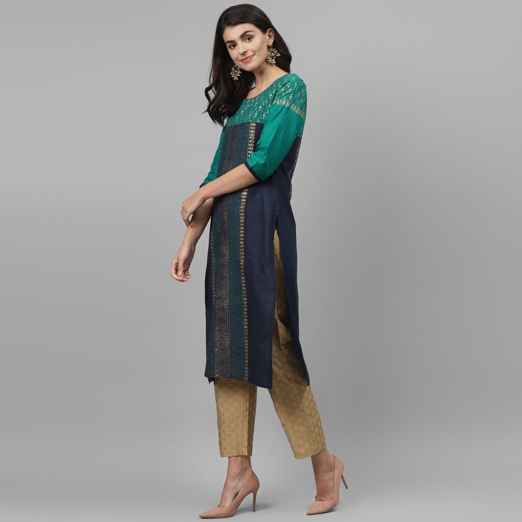 Maai Rayon Hand Printed Kurta Blue | Grocsy