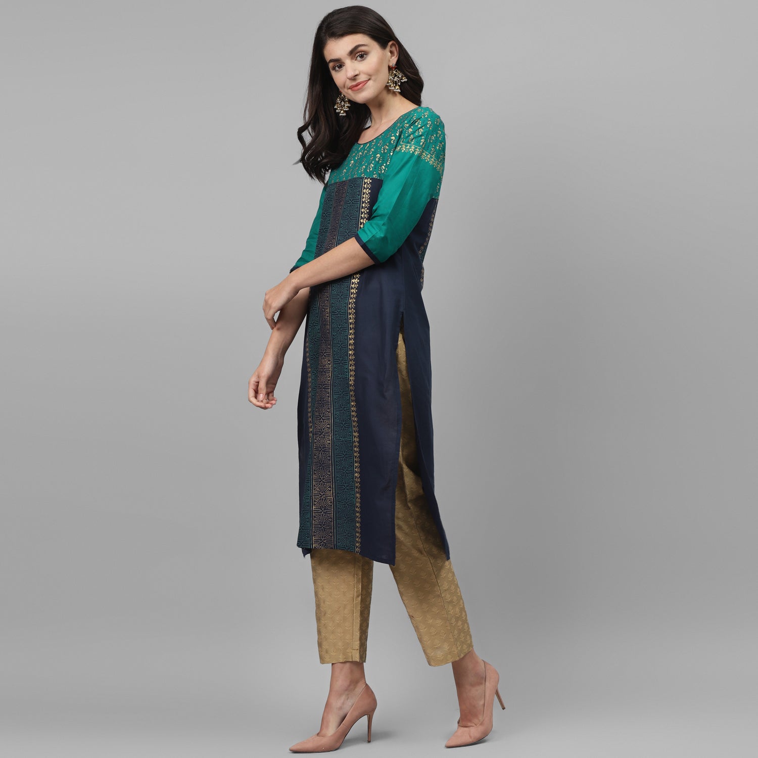 Maai Rayon Hand Printed Kurta Blue | Grocsy
