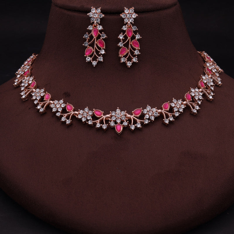 Tehzeeb Creations Rose Gold Pleated White Diamond With Pink Beads Necklace Set | Grocsy