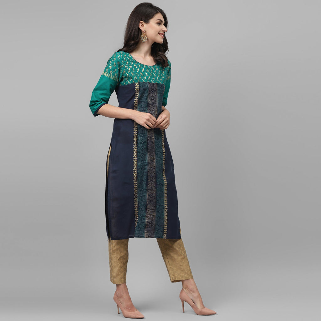 Maai Rayon Hand Printed Kurta Blue | Grocsy