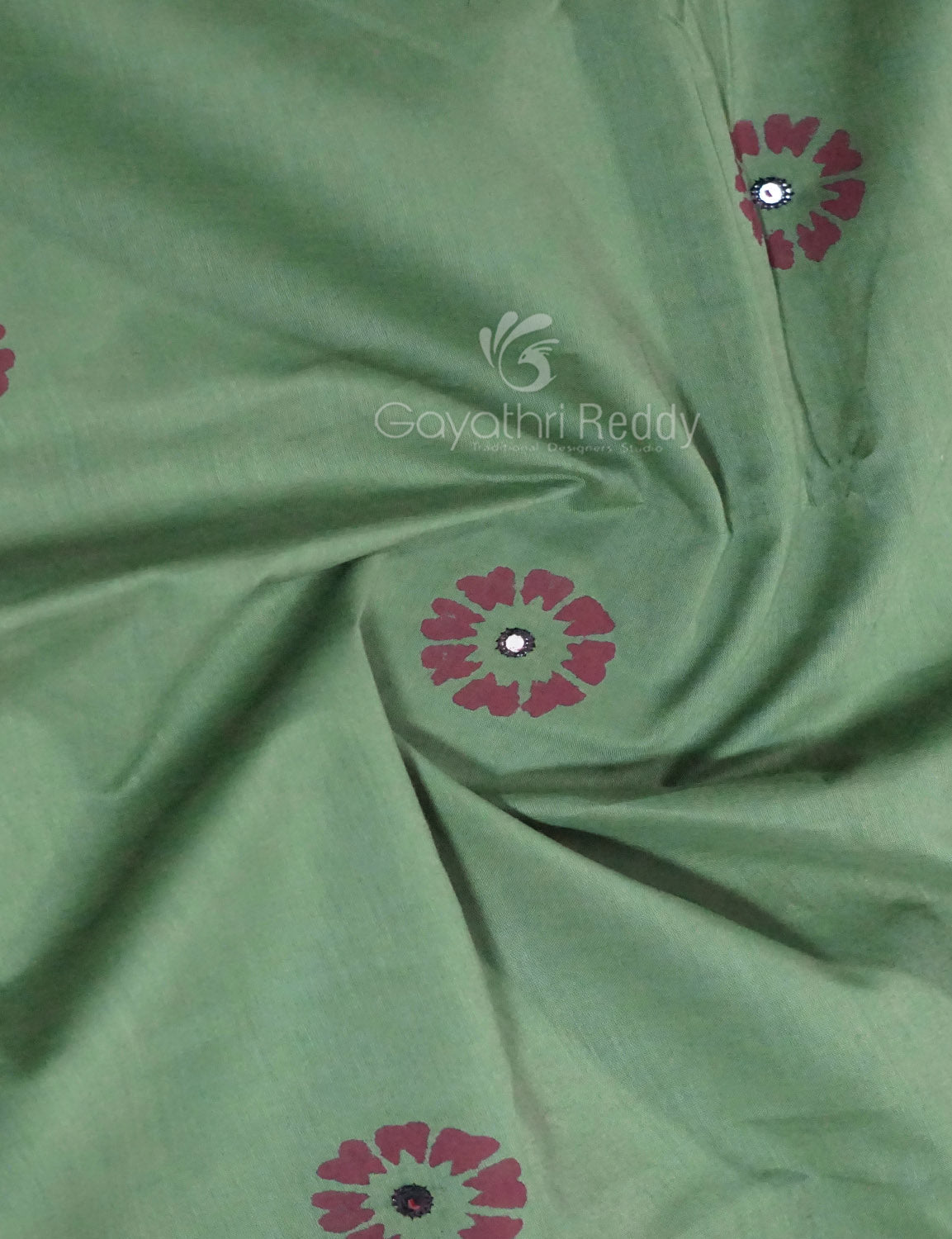 Pista Mix Colour Block Print With Mirron Embroidered Pure Mulmul Cotton Saree By Gayathri Reddy Designer Studio | Grocsy