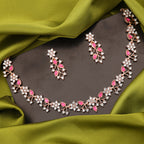 Tehzeeb Creations Rose Gold Pleated White Diamond With Pink Beads Necklace Set | Grocsy