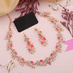 Tehzeeb Creations Rose Gold Pleated White Diamond With Pink Beads Necklace Set | Grocsy
