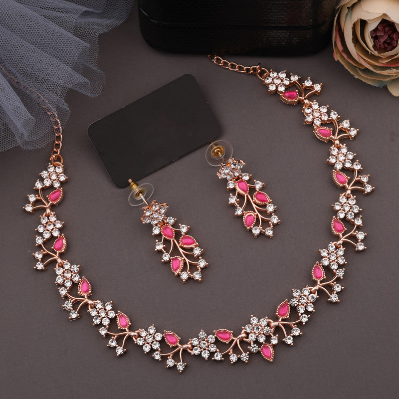 Tehzeeb Creations Rose Gold Pleated White Diamond With Pink Beads Necklace Set | Grocsy