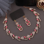 Tehzeeb Creations Rose Gold Pleated White Diamond With Pink Beads Necklace Set | Grocsy