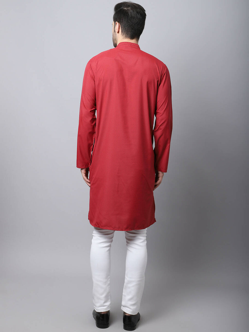 Even Apparels Maroon Cotton Checked Men's Kurta With Band Collar | Grocsy