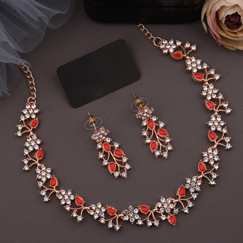 Tehzeeb Creations Rose Gold Pleated White Diamond With Red Beads Necklace Set | Grocsy
