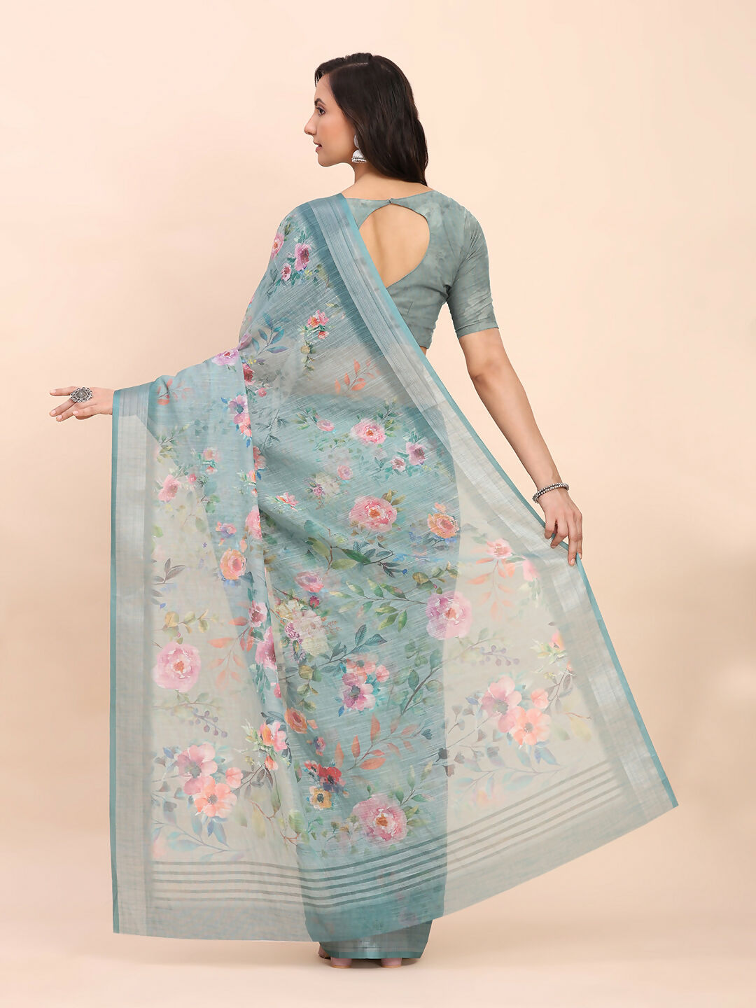 Shree Shyam Fashion Linen Cotton Sea Green Saree | Grocsy