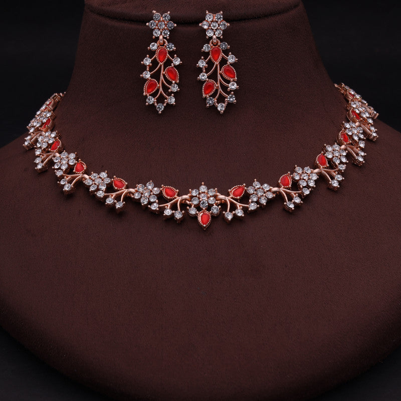 Tehzeeb Creations Rose Gold Pleated White Diamond With Red Beads Necklace Set | Grocsy