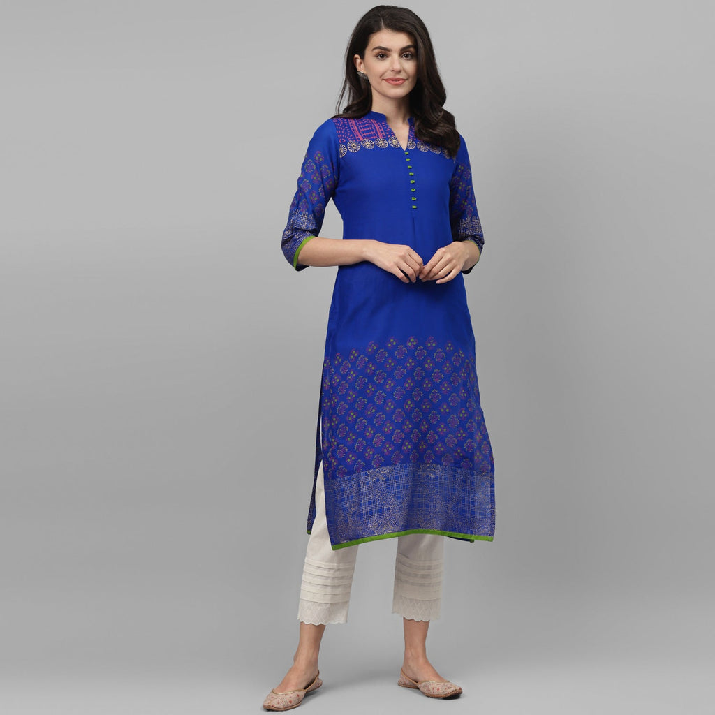 Maai Rayon Hand Printed Kurta Blue | Grocsy