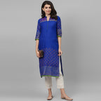 Maai Rayon Hand Printed Kurta Blue | Grocsy