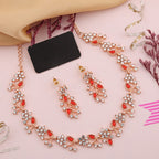 Tehzeeb Creations Rose Gold Pleated White Diamond With Red Beads Necklace Set | Grocsy