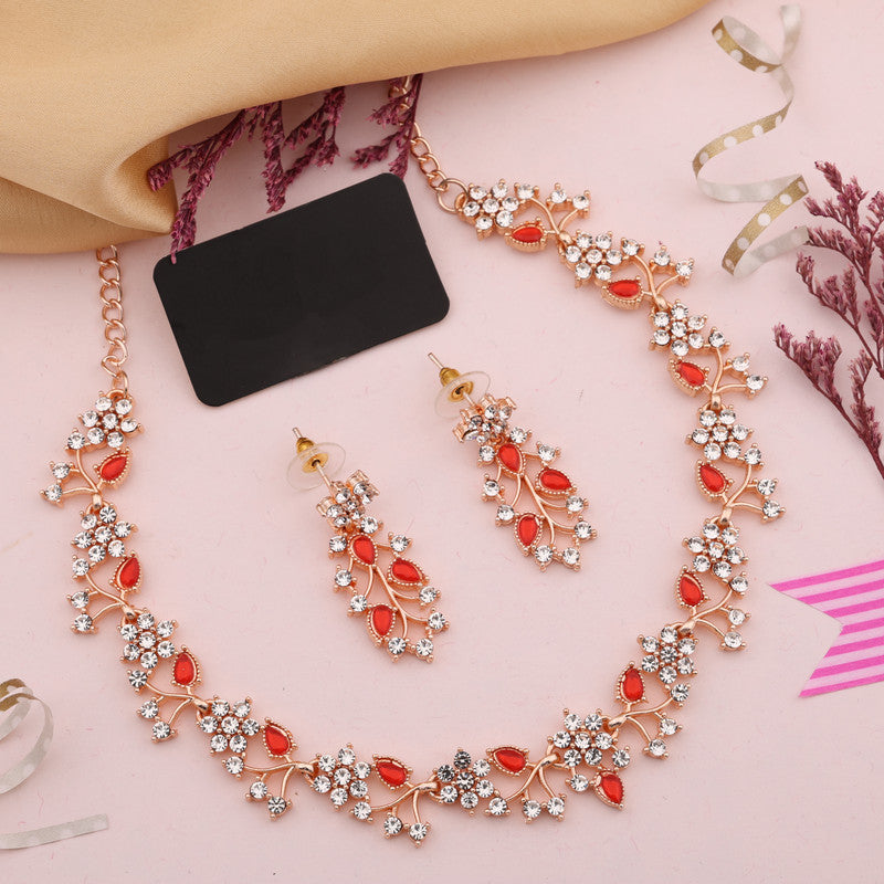 Tehzeeb Creations Rose Gold Pleated White Diamond With Red Beads Necklace Set | Grocsy