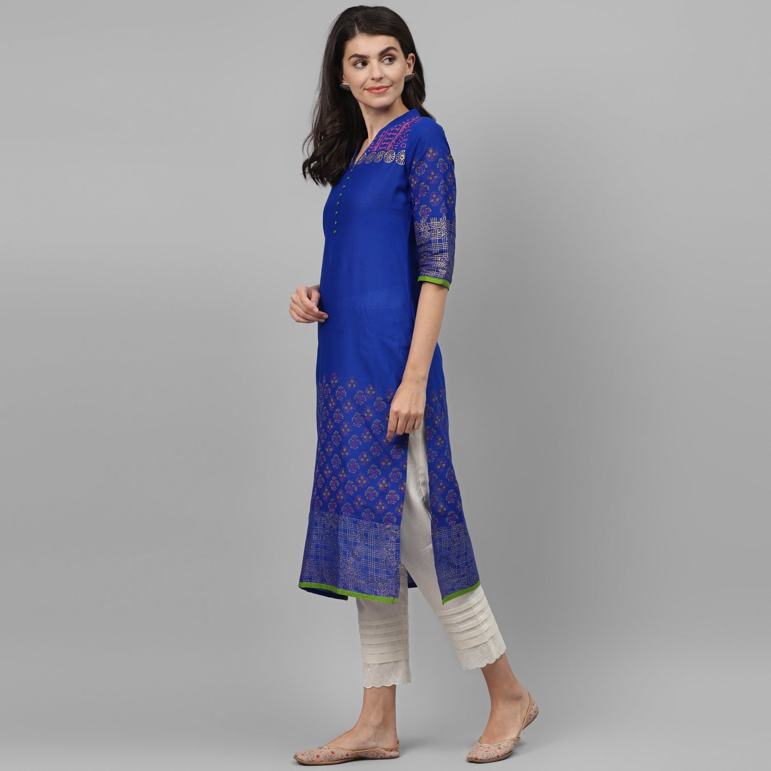 Maai Rayon Hand Printed Kurta Blue | Grocsy