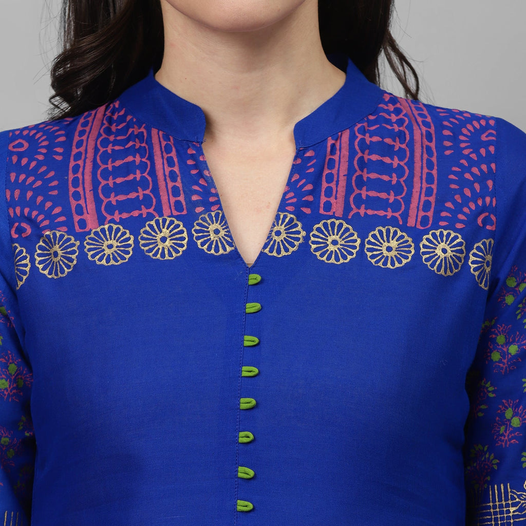 Maai Rayon Hand Printed Kurta Blue | Grocsy