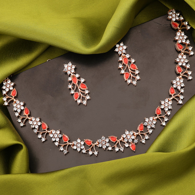 Tehzeeb Creations Rose Gold Pleated White Diamond With Red Beads Necklace Set | Grocsy