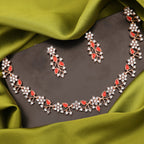 Tehzeeb Creations Rose Gold Pleated White Diamond With Red Beads Necklace Set | Grocsy