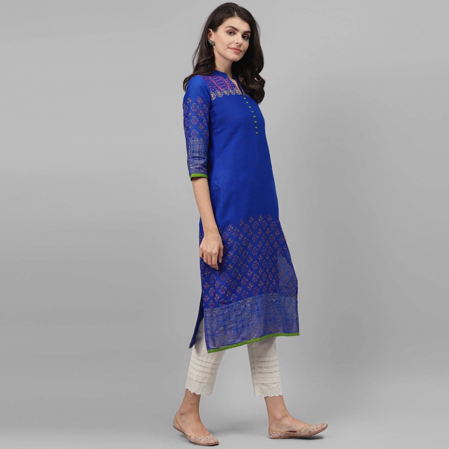 Maai Rayon Hand Printed Kurta Blue | Grocsy