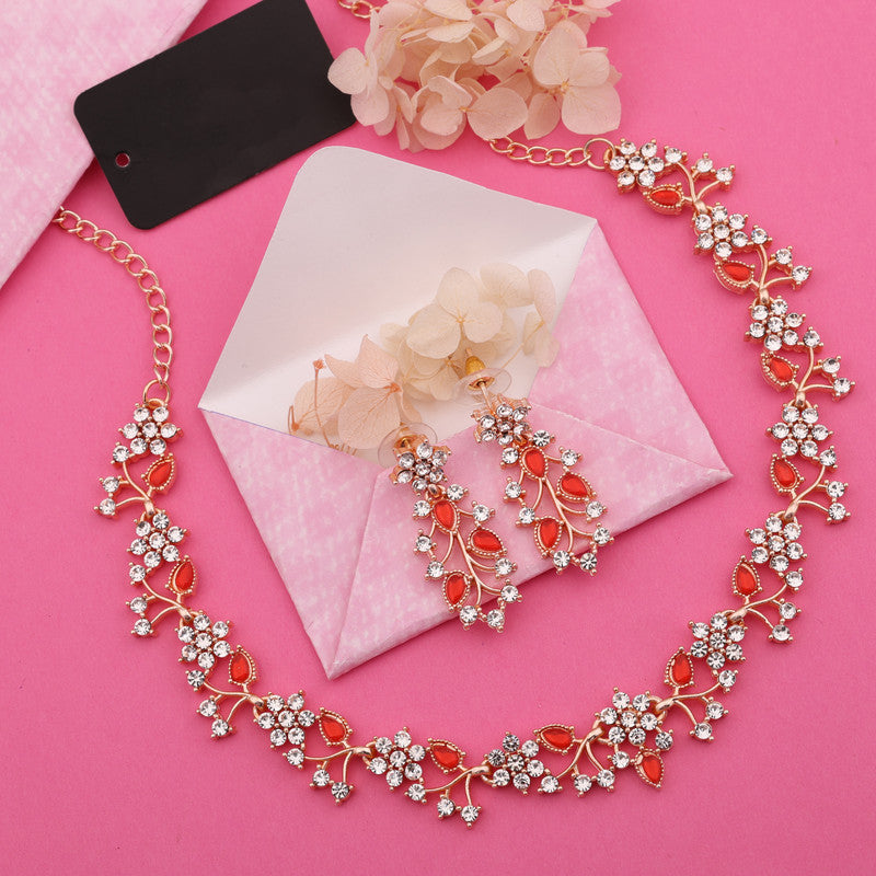 Tehzeeb Creations Rose Gold Pleated White Diamond With Red Beads Necklace Set | Grocsy