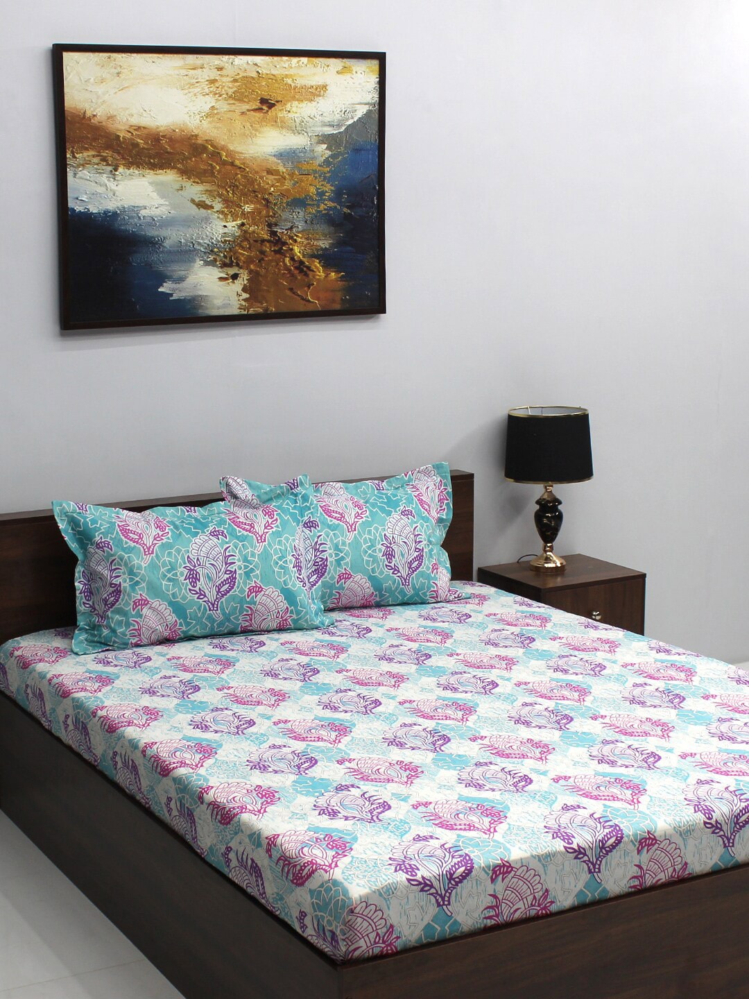 BOMBAY DYEING Pink & Blue Ethnic Motifs Cotton 110 TC Queen Bedsheet With 2 Pillow Covers | Grocsy