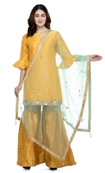 A R Silk Women's Net Net Chandna Handwork With Moti Laish Light Firozi Fancy Dupatta | Grocsy
