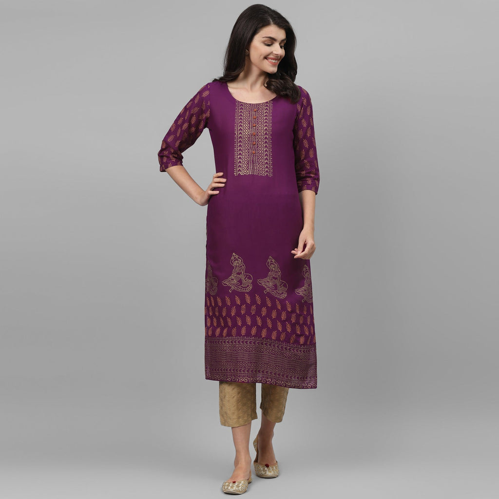 Maai Rayon Hand Printed Kurta Purple | Grocsy