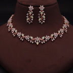Tehzeeb Creations Rose Gold Pleated White Diamond With Sea Green Beads Necklace Set | Grocsy