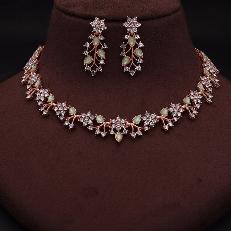 Tehzeeb Creations Rose Gold Pleated White Diamond With Sea Green Beads Necklace Set | Grocsy