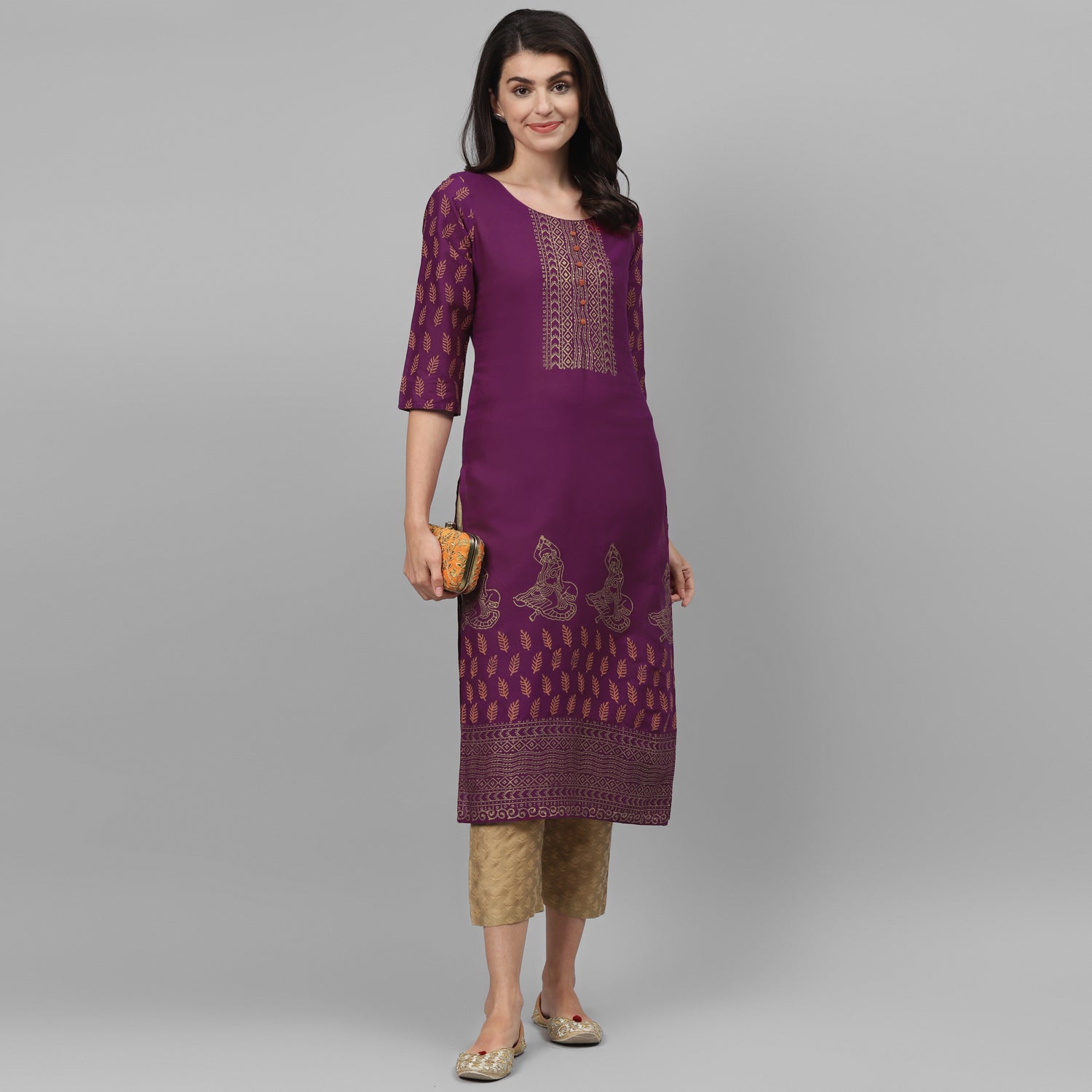 Maai Rayon Hand Printed Kurta Purple | Grocsy