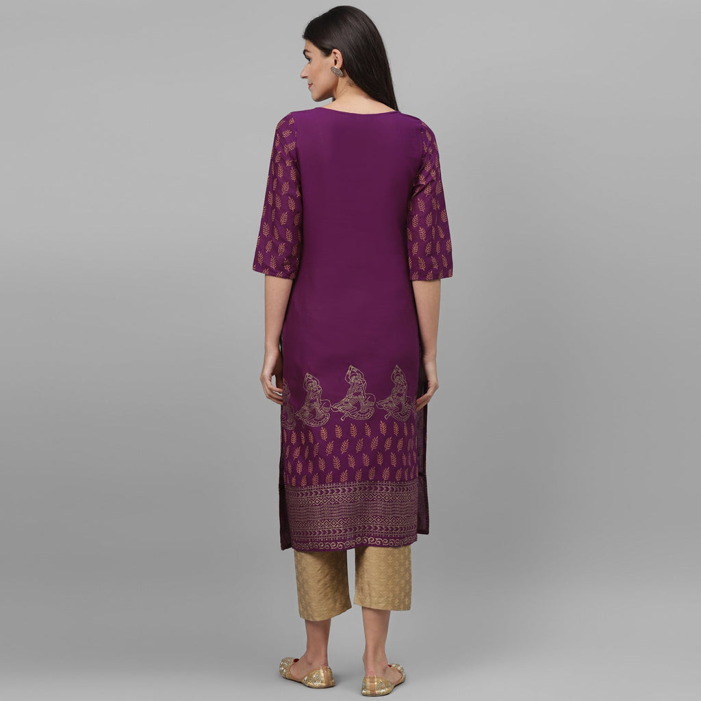 Maai Rayon Hand Printed Kurta Purple | Grocsy