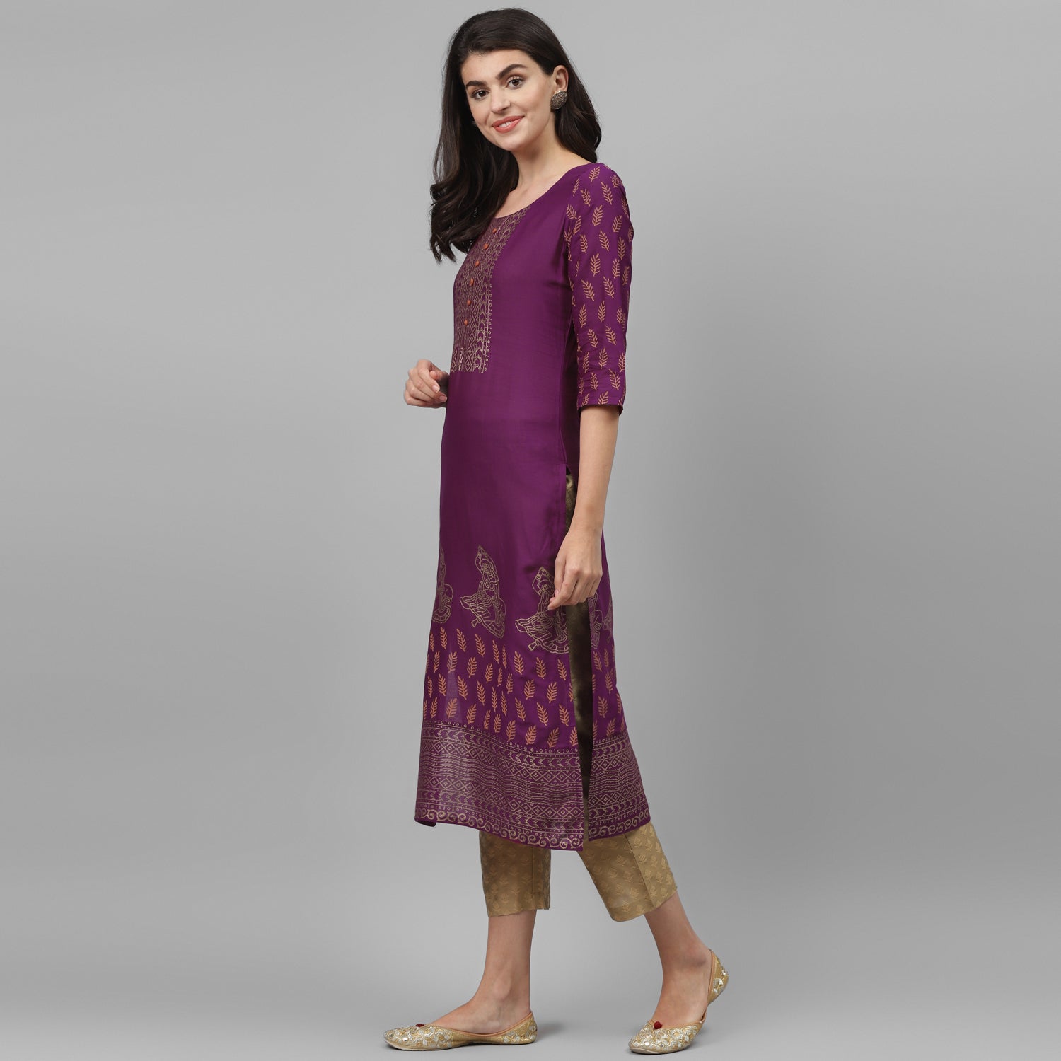 Maai Rayon Hand Printed Kurta Purple | Grocsy