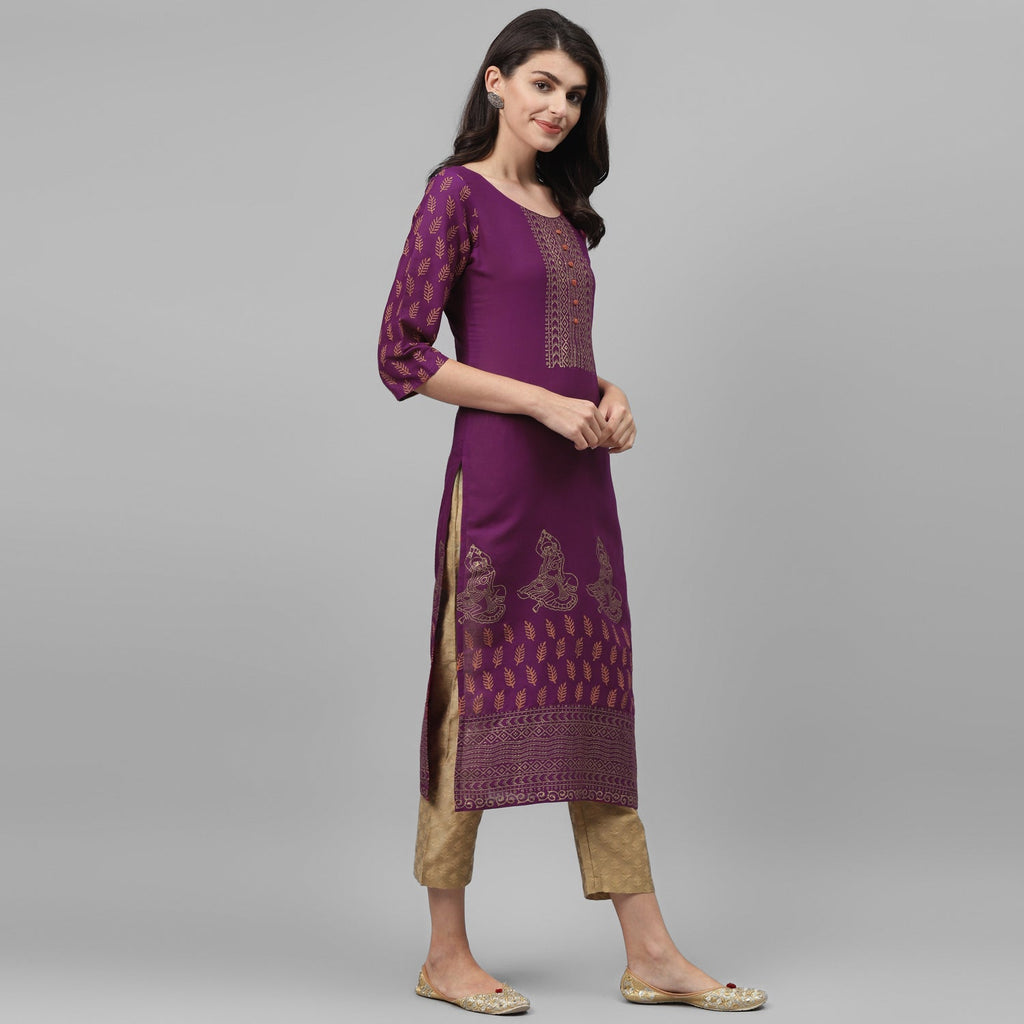Maai Rayon Hand Printed Kurta Purple | Grocsy