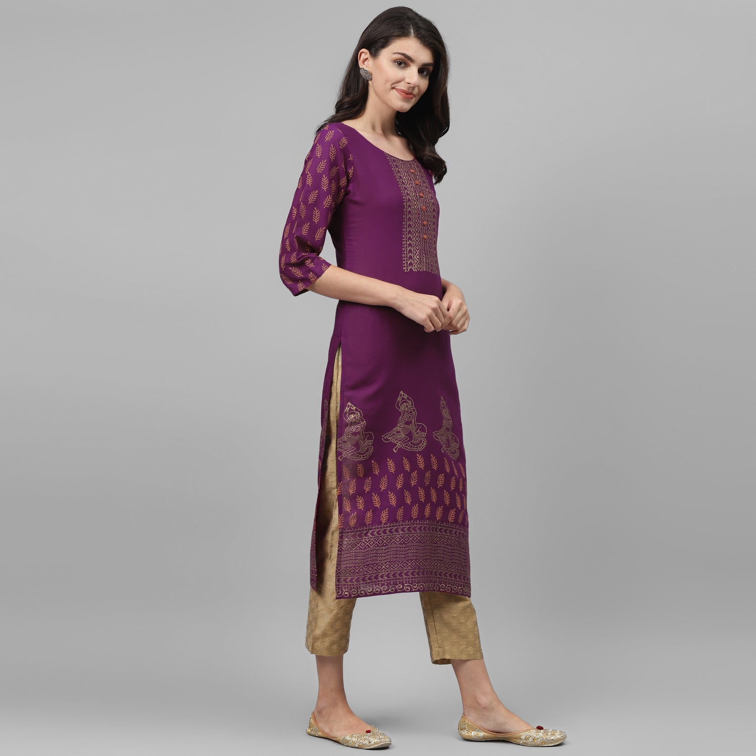 Maai Rayon Hand Printed Kurta Purple | Grocsy