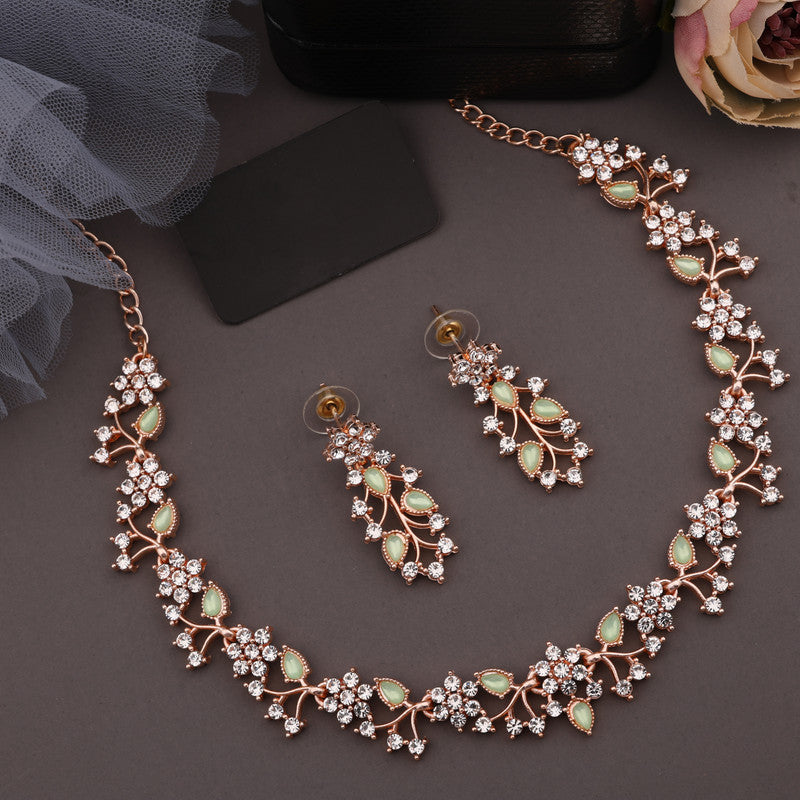 Tehzeeb Creations Rose Gold Pleated White Diamond With Sea Green Beads Necklace Set | Grocsy