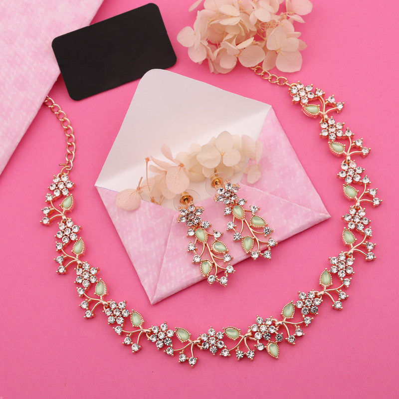 Tehzeeb Creations Rose Gold Pleated White Diamond With Sea Green Beads Necklace Set | Grocsy