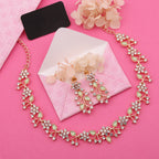 Tehzeeb Creations Rose Gold Pleated White Diamond With Sea Green Beads Necklace Set | Grocsy
