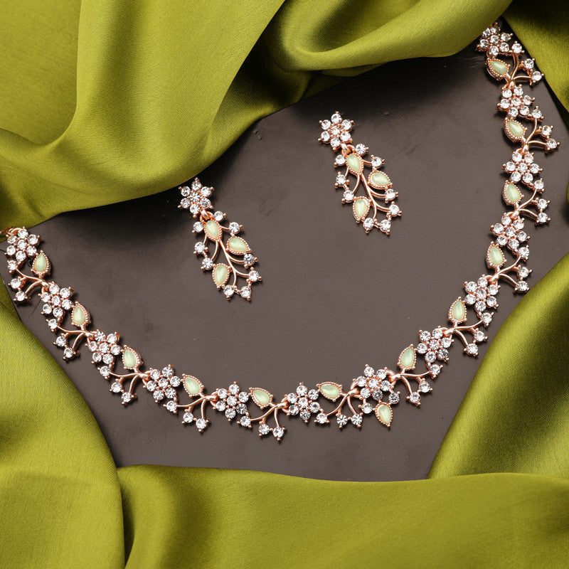 Tehzeeb Creations Rose Gold Pleated White Diamond With Sea Green Beads Necklace Set | Grocsy