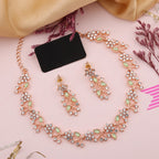 Tehzeeb Creations Rose Gold Pleated White Diamond With Sea Green Beads Necklace Set | Grocsy