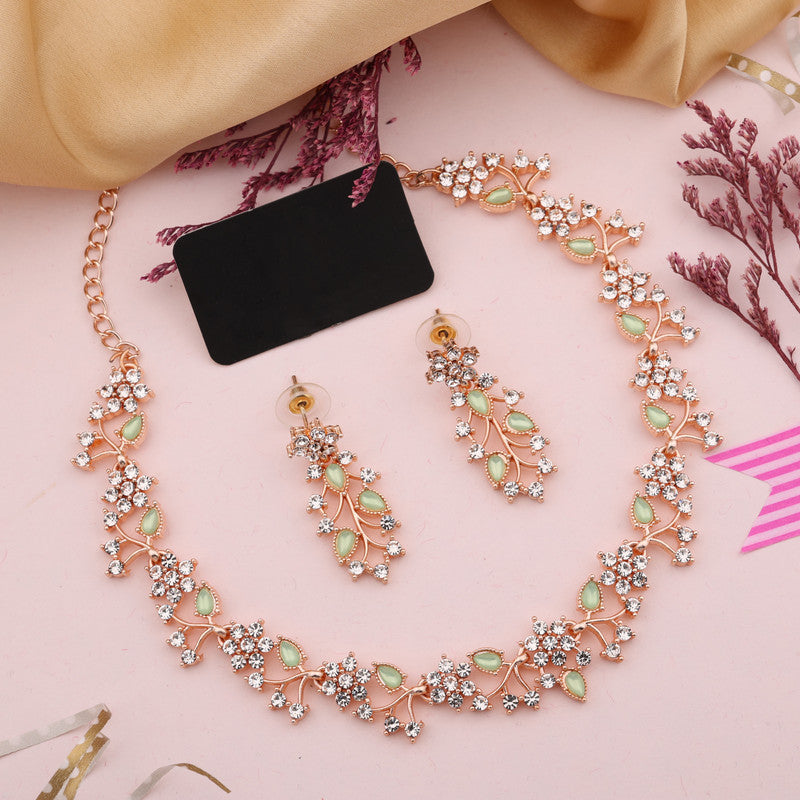 Tehzeeb Creations Rose Gold Pleated White Diamond With Sea Green Beads Necklace Set | Grocsy