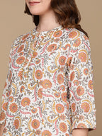 HERE&NOW White & Yellow Floral Printed Sequined Cotton Kurta | Grocsy