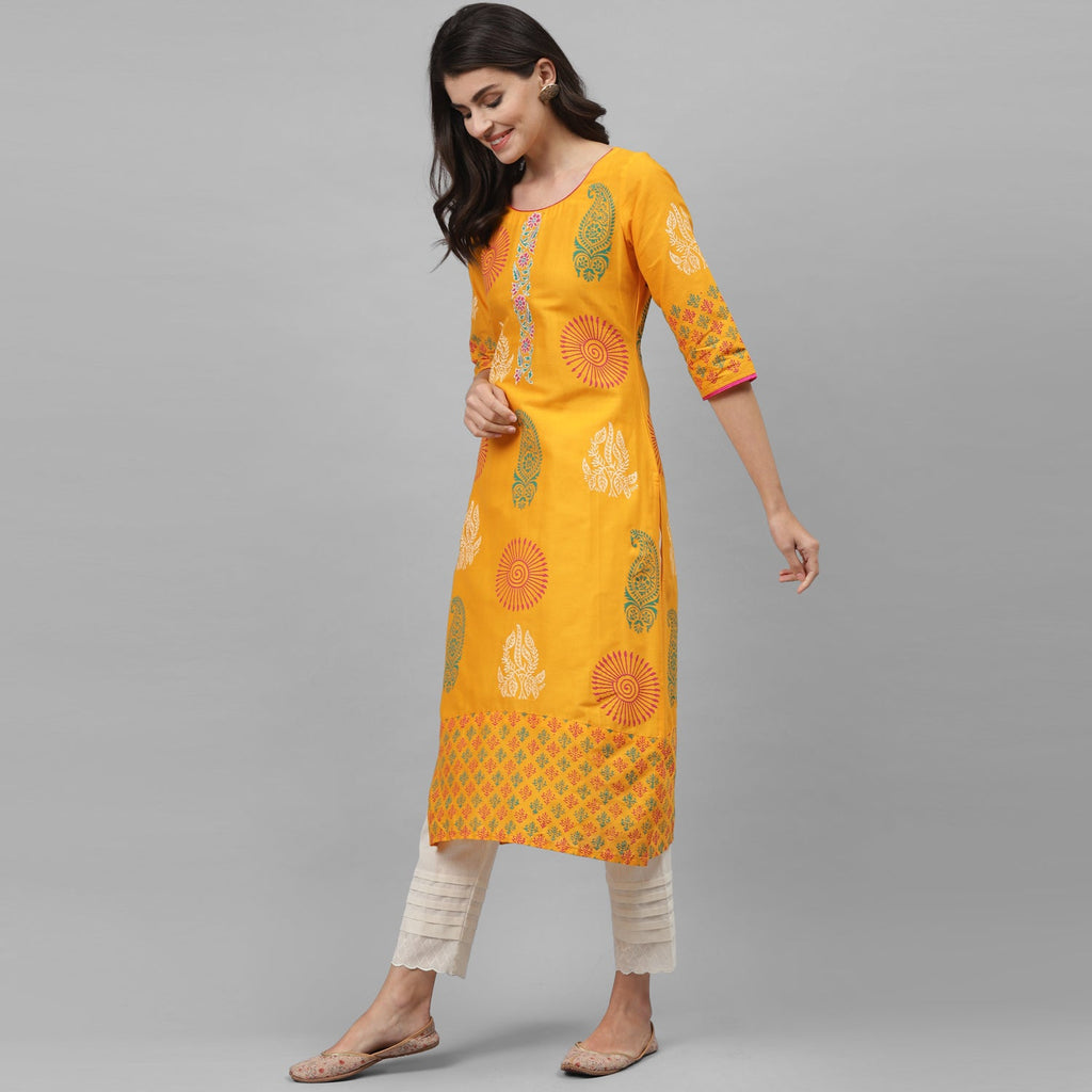 Maai Rayon Hand Printed Kurta Yellow | Grocsy