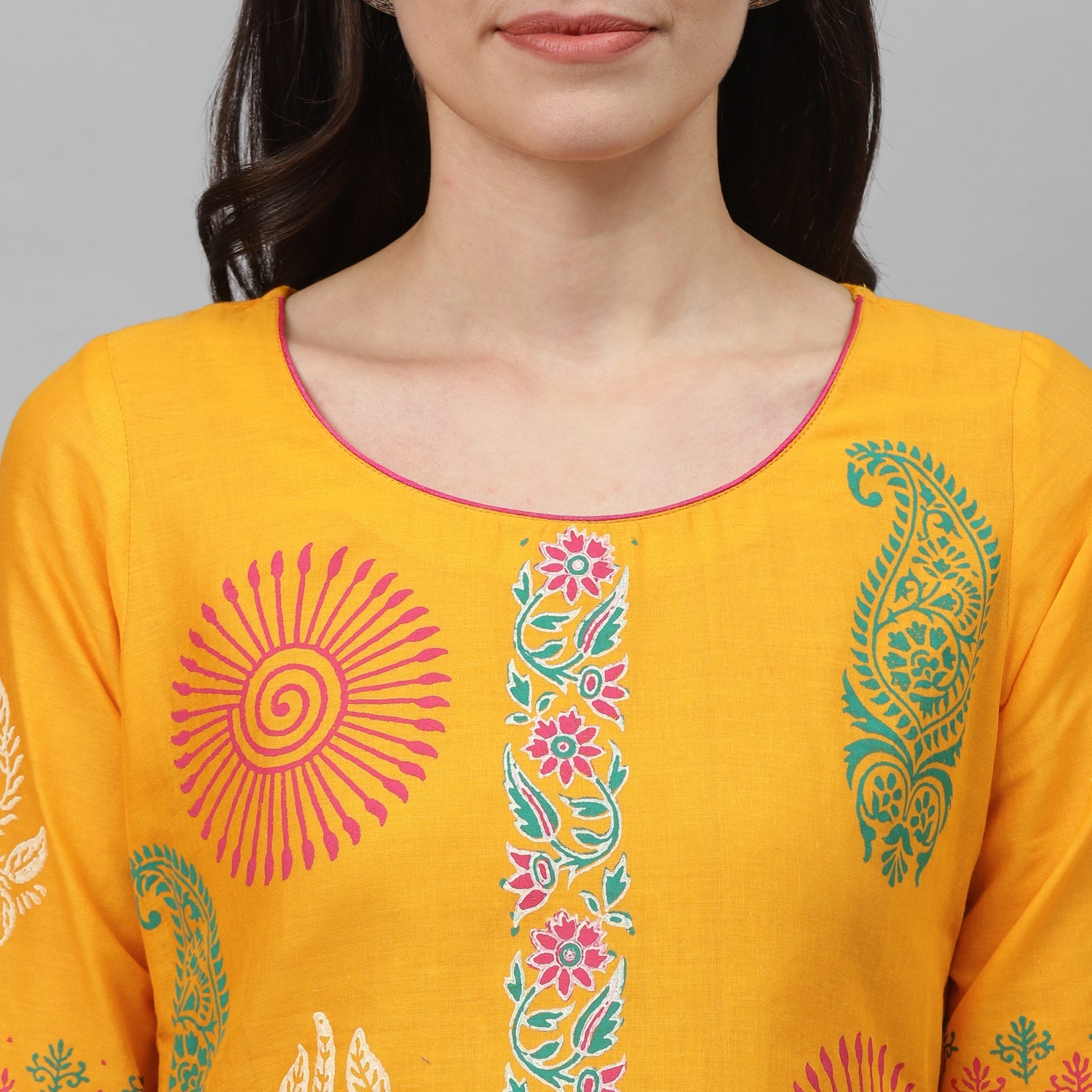 Maai Rayon Hand Printed Kurta Yellow | Grocsy